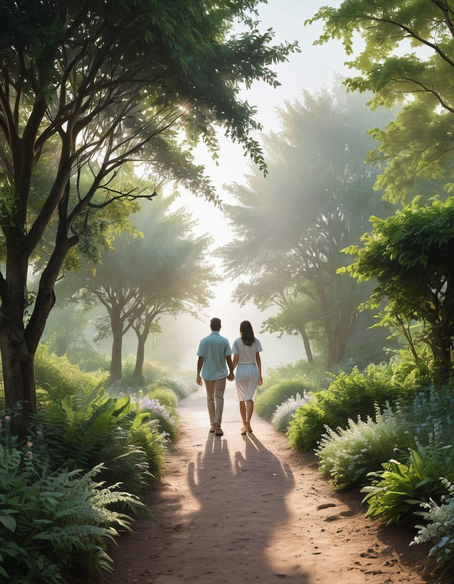 A serene pathway lined with lush greenery, leading towards a bright horizon symbolizing hope and fulfillment. Along the path, silhouettes of a couple walking hand in hand, surrounded by gentle pastel colors representing emotional well-being. Subtle symbols of communication, trust, and support subtly woven into the design, enhancing the theme of intimate partnerships. super-realistic. soft pastel colors. dreamy atmosphere.