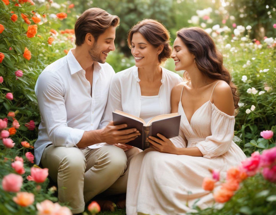 A serene couple sitting in a lush garden, sharing a joyful moment, surrounded by blooming flowers symbolizing love and connection. Soft, warm lighting highlighting their intimate smiles, with elements representing healthy boundaries, communication, and trust, like intertwined hands or open books on relationship advice. The scene is infused with harmony and peace, inviting viewers to embrace love practices. vibrant colors. soft focus. serene atmosphere.